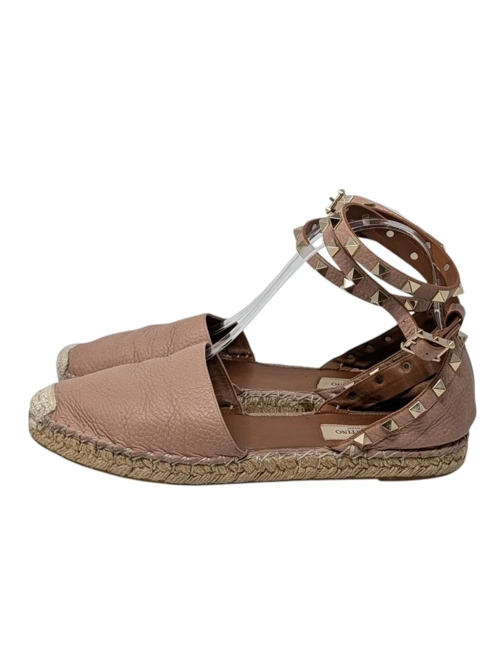 Valentino Garavani Blush Nude Beige Leather Rockstud Espadrille Flats Size EU 38